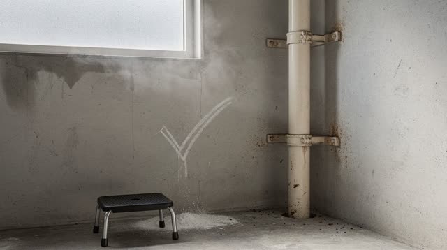 A small public-building boiler room corner after morning inspection, empty of people, with no readable labels, gauge fac