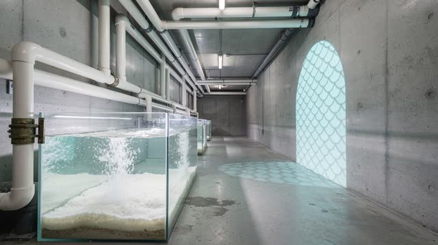An aquarium back-of-house filtration corridor after closing, empty of people and with no visible fish, readable tank lab