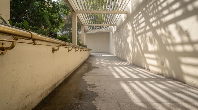 A municipal conservatory shade-walk corridor after morning watering, empty of people, with no readable labels, gauges, t