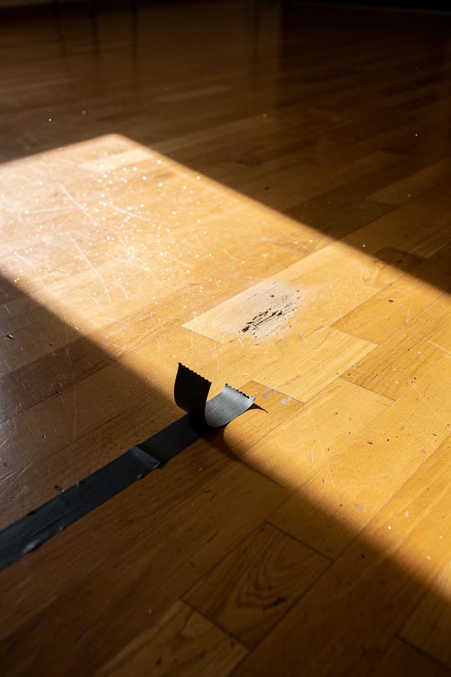 A community rehearsal floor after practice, empty of people, with no performers, stage props, readable tape labels, ques