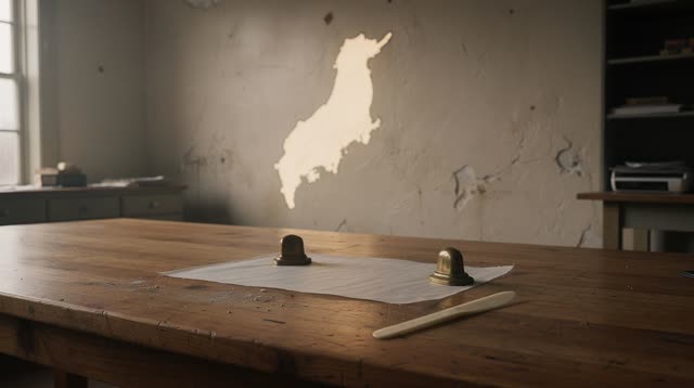 A civic map repair room after hours, empty of people, with no readable map text, labels, globes, compasses, question mar