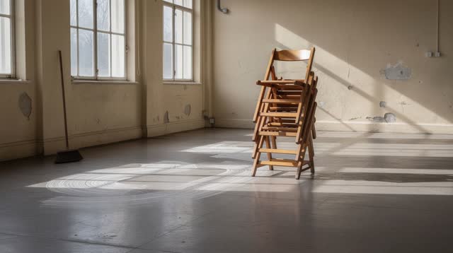 An old public assembly hall after chairs have been stacked for sweeping, empty of people, with no stage props, readable