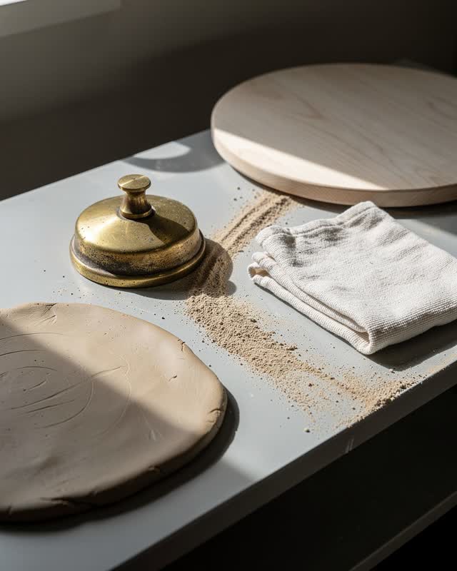 A school clay weight shelf used for hand-building practice, empty of people, with no kiln, glaze station, readable class