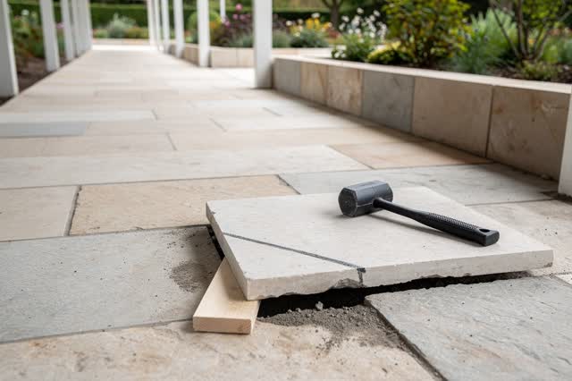 A covered civic garden walkway during a paused flagstone repair, empty of people, with no readable warning tape, labels,