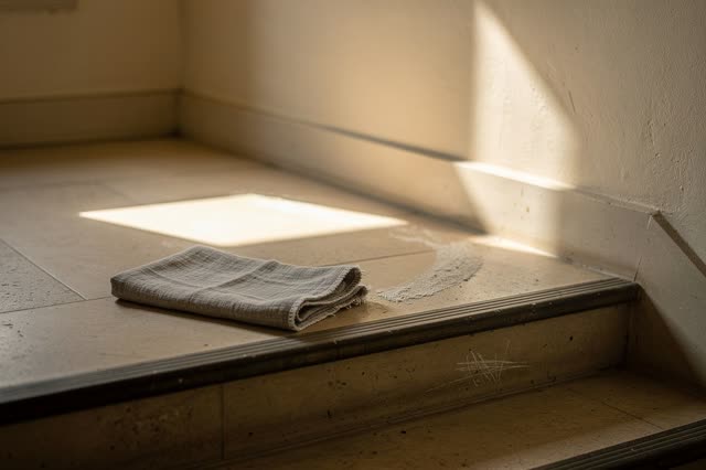 A quiet civic stair landing after cleaning, empty of people, with no readable notices, labels, warning tape, hidden cris