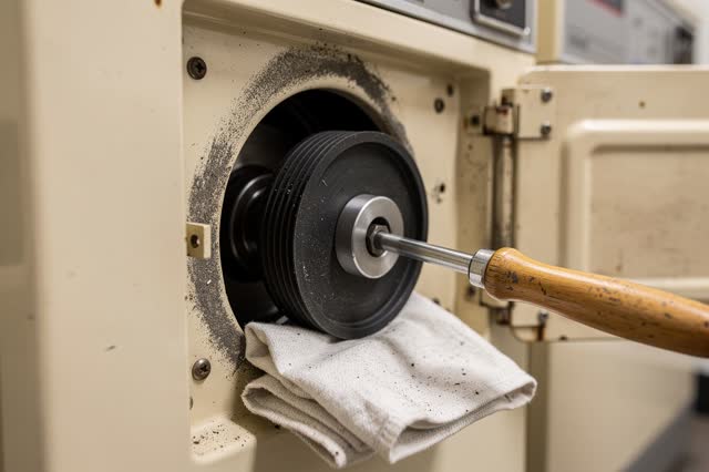 A municipal laundry service alcove during a paused washer repair, empty of people, with no readable machine labels, tool