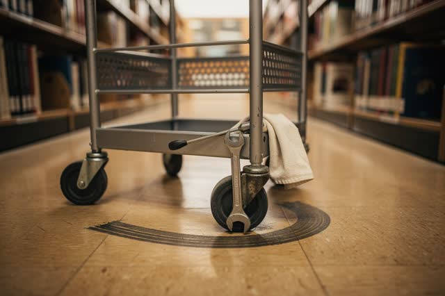 A branch-library back sorting aisle during a paused cart repair, empty of people, with no readable book titles, labels,