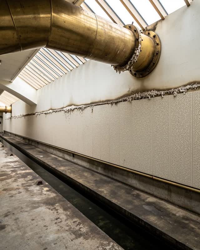 An old municipal waterworks gallery after inspection, empty of people, with no readable signs, gauge panels, labels, dia