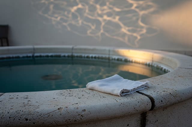 A small public courtyard fountain basin at early evening, empty of people, with no statues, coins, readable plaques, dra