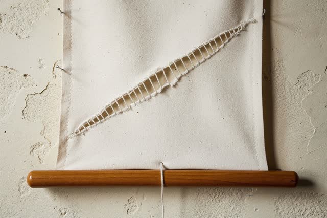 A municipal textile mending wall used for repairing plain public event banners, empty of people, with no readable letter