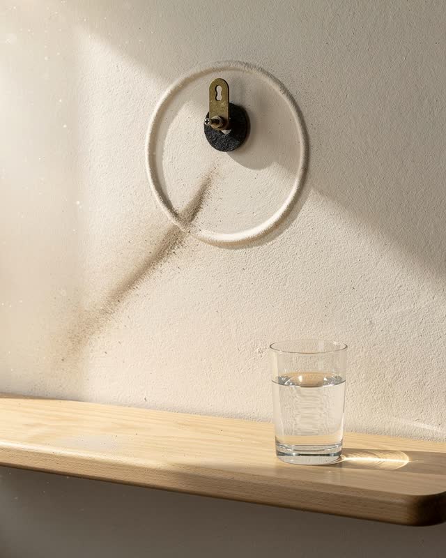 A small public reading room during a paused wall-clock repair, empty of people, with no readable books, text, labels, cl
