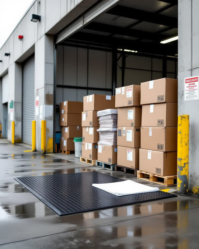 A covered public loading bay sorting ledge after rain, empty of people, with no readable shipping labels, boxes of text,