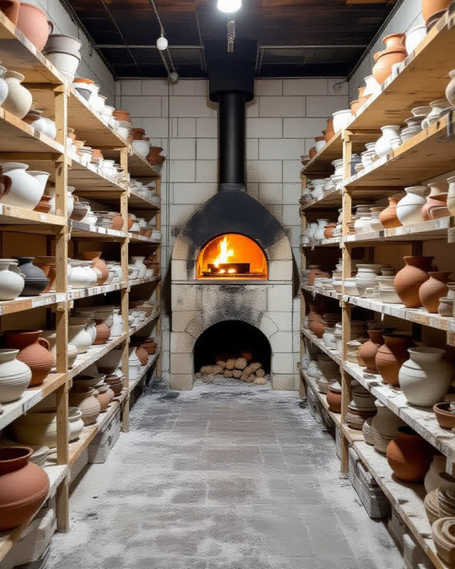 A public ceramics kiln room after firing, empty of people, with no readable labels, crowded pottery shelves, diagrams, q