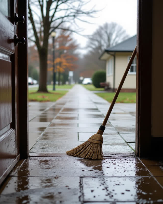 A covered community hall threshold after a storm and swept cleanup, empty of people, with no readable signs, arrows, lab