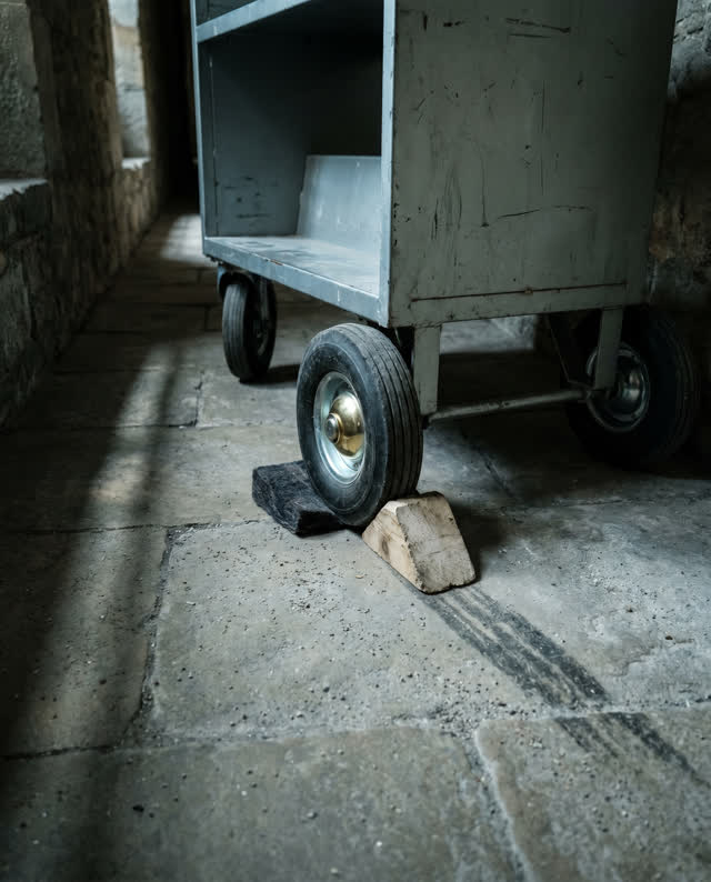 A narrow archive delivery threshold with a sloped stone floor, empty of people, with no readable labels, boxes of text,