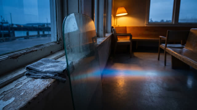 A public maritime waiting-room window ledge after closing, empty of people, with no readable transit signs, labels, boat