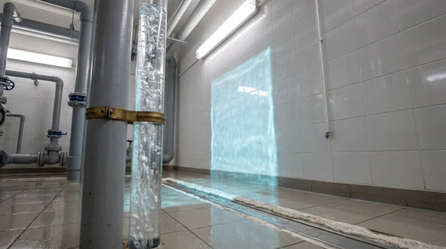 A public pool mechanical room after closing, empty of people, with no visible pool, readable labels, gauges, dials, myst