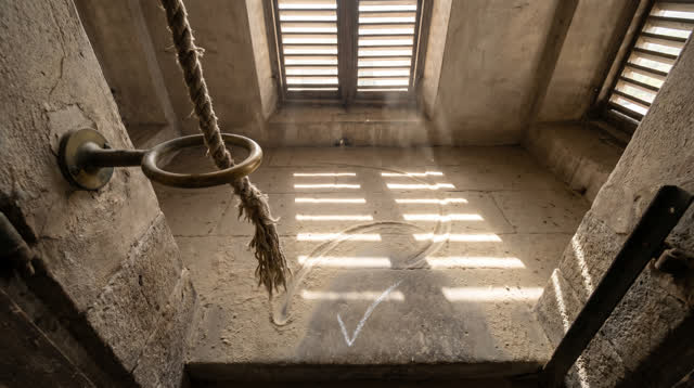 A civic clock-bell tower service platform after morning inspection, empty of people, with no readable clock numbers, lab