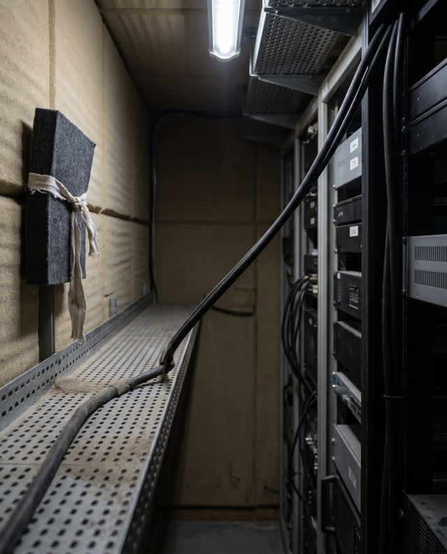 A small municipal radio equipment closet during a paused maintenance check, empty of people, with no readable equipment