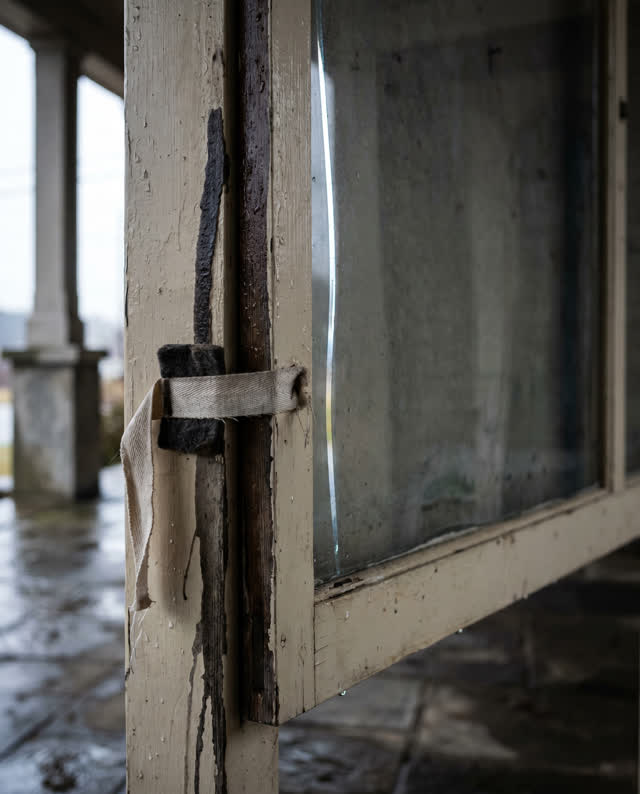 An exterior community notice case under a civic porch after rain, empty of people, with no readable notices, text, label