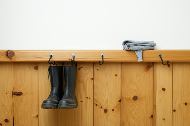 A firehouse boot drying rail after the room has gone still, empty of people, with no readable firehouse markings, helmet