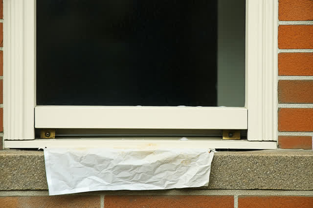 An exterior civic ticket vestibule service window during a paused gasket repair, empty of people, with no readable ticke