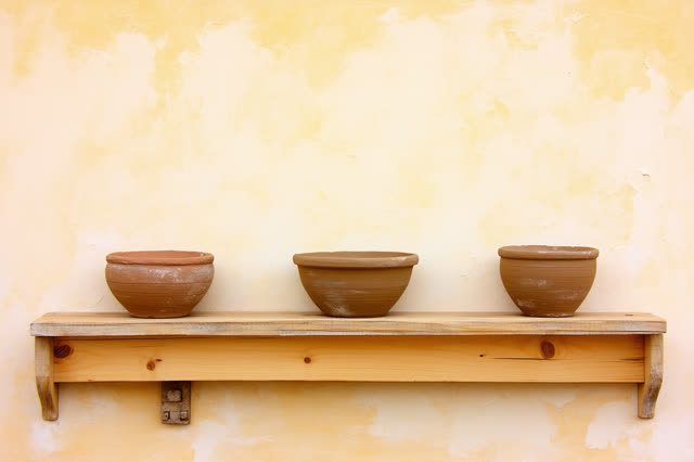 A school ceramics storage wall after class, empty of people, with no classroom desks, readable names, posters, labels, q