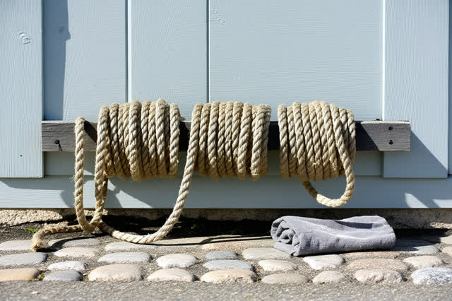 A harbor rope-washing rack beside a small work shed, empty of people, with no boats, ferry cues, readable signs, dramati