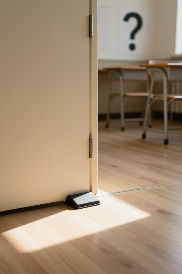 A community room threshold after use, empty of people, with no readable room labels, question marks, classroom desks, sl