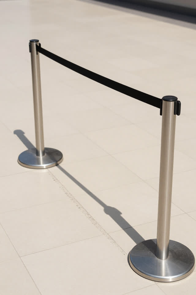 A small civic ticket vestibule queue area after closing, empty of people, with no readable signs, labels, tickets, quest