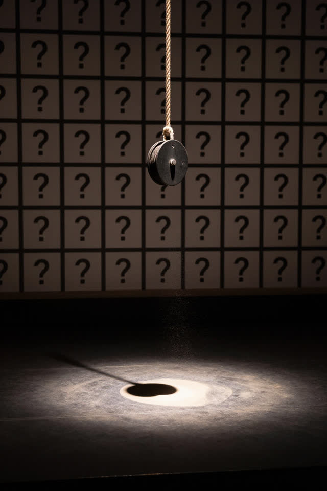 A theater stage rigging grid after the show, empty of people, with no stage props, readable cue labels, costumes, questi