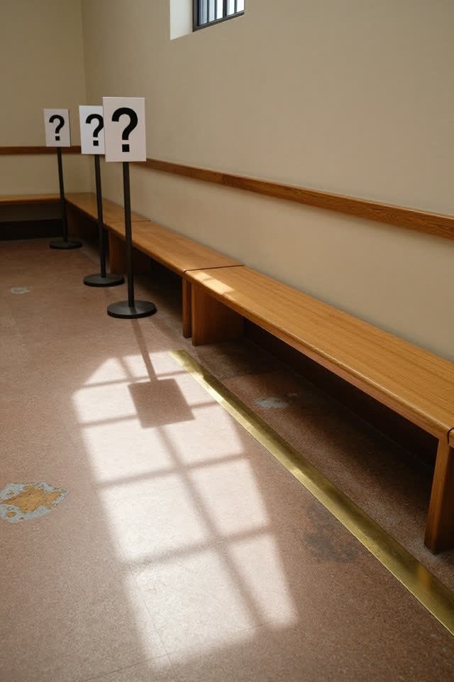 A courthouse public waiting alcove after closing, empty of people, with no readable legal signs, stanchions, papers, lab