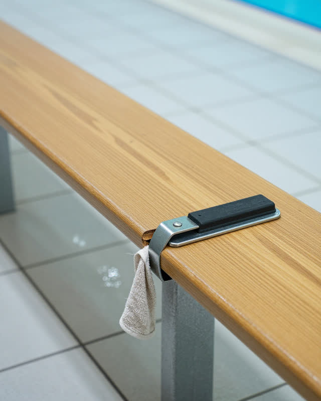 A public swimming-pool changing bench after closing, empty of people, with no pool machinery, gauges, readable signs, lo