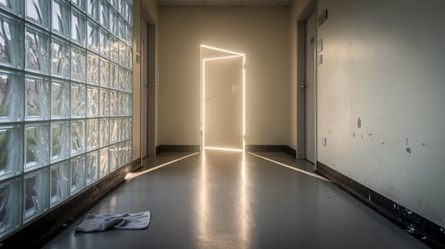 A small public clinic corridor with a glass-block exterior wall after cleaning, empty of people, with no readable signs,
