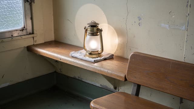 A small ferry waiting-room service alcove before afternoon boarding, empty of people, with no boats, readable signs, mys