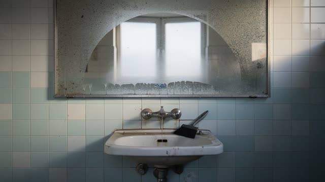 An old municipal washroom after cleaning, empty of people, with no readable signs, spa luxury, mystical portal, random f