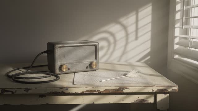 A community radio repair shelf after a station check, empty of people, with no readable labels, call signs, text, broadc