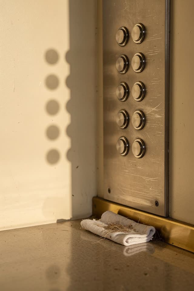 An old elevator inspection alcove in a public building, empty of people, with no readable floor numbers, labels, horror