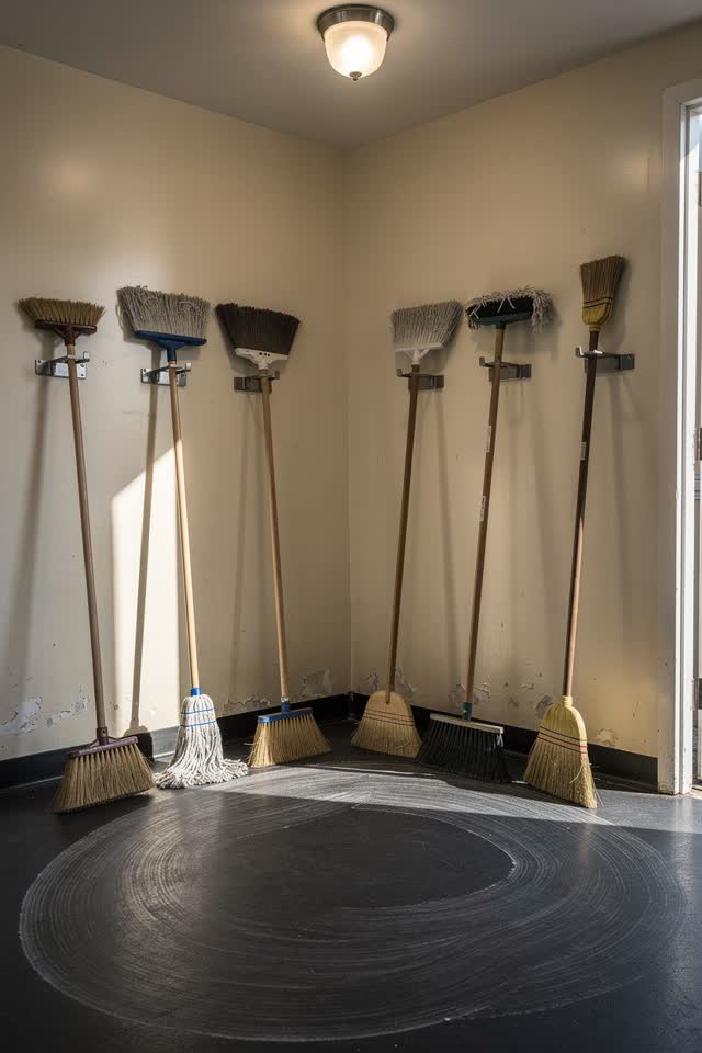 A small civic janitor closet seen room-scale after cleanup, empty of people, with no chaotic cleaning clutter, readable