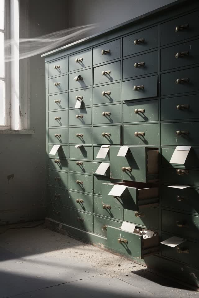 A public map cabinet workroom with blank drawer fronts, empty of people, with no readable maps, labels, records-corridor