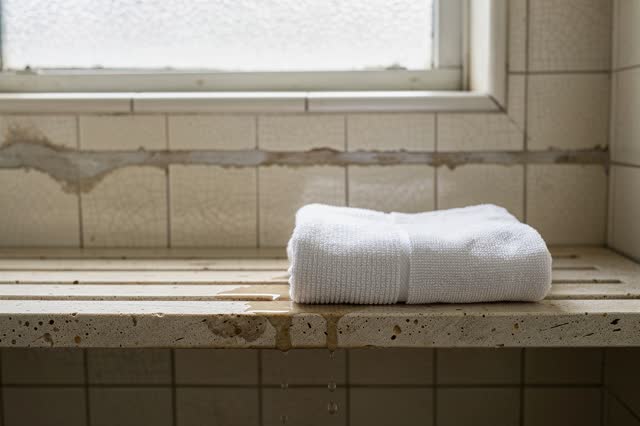 An old public washstand alcove in a community bathhouse entry, empty of people, clearly away from pool benches and locke