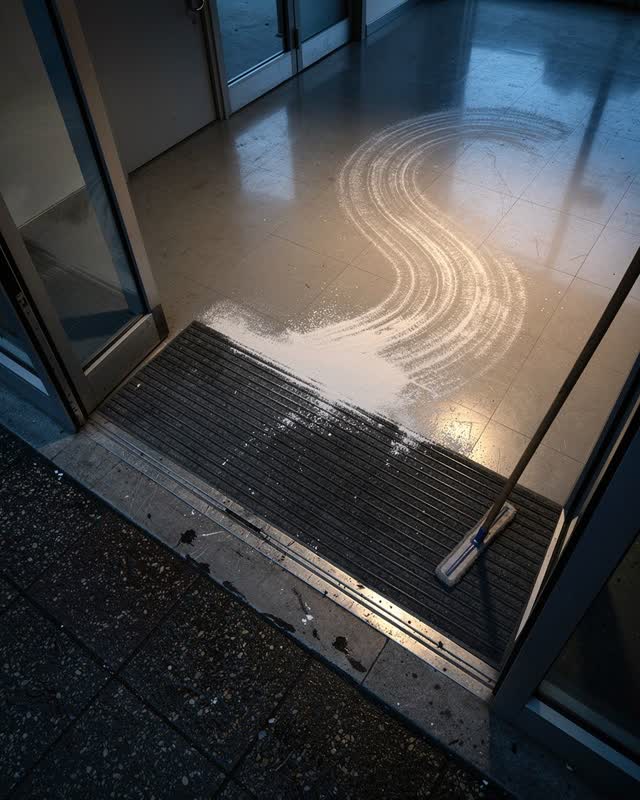 A public storm vestibule between rain-dark exterior stone and a warm interior reading room entrance, empty of people, wi