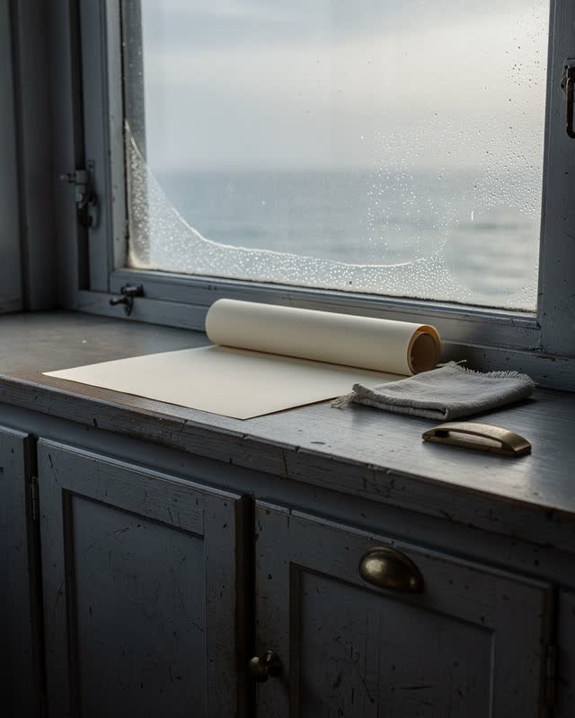 A coastal public chart room with closed cabinets and a work ledge, empty of people, with no boats, ferry cues, readable