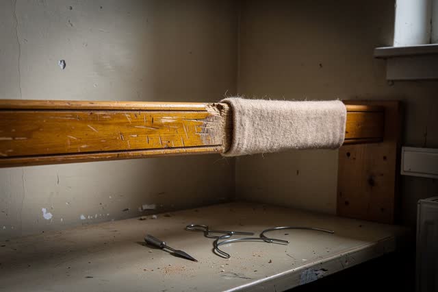 A museum cloakroom repair corner with blank rails and no garments, empty of people, with no readable tags, coat clutter,