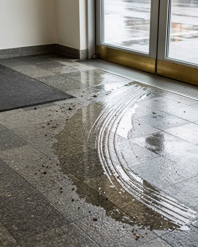 A public storm vestibule after rain, empty of people, with no readable signs, threshold hazard, drainage groove, doorway