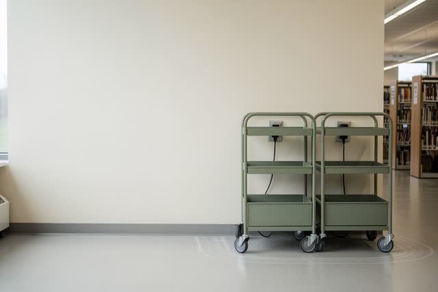 A branch library cart charging bay with blank carts and no visible book titles, empty of people, with no readable labels