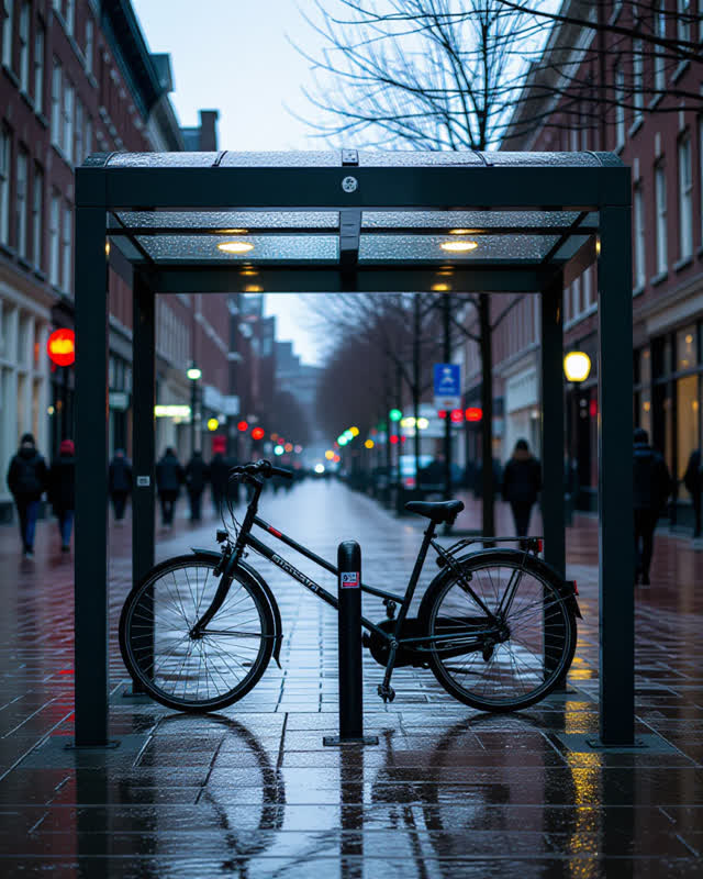 A covered public bicycle shelter after a maintenance check, empty of people and bicycles, with no transit signage, reada