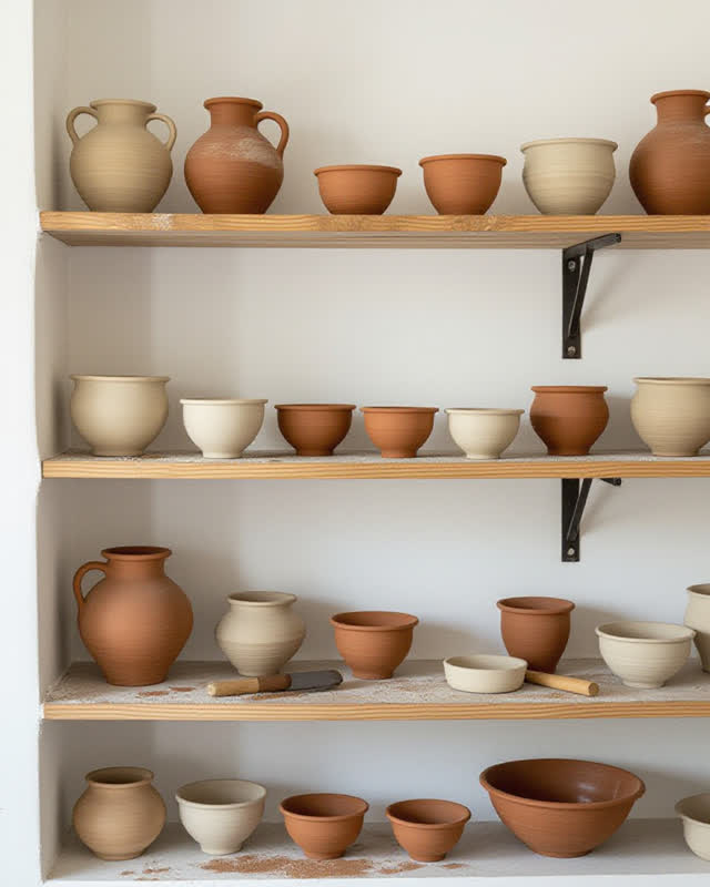 A community ceramics studio rinse shelf after cleanup, empty of people, with no readable notices, pottery display clutte