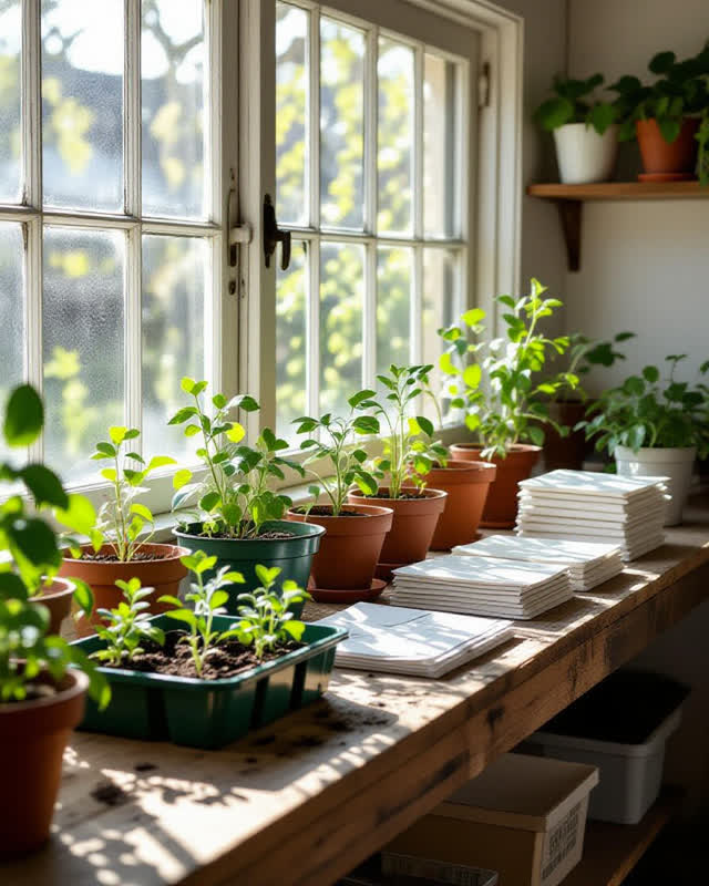 A public greenhouse seed bench at noon, empty of people, with no wiped-glass doorway, readable seed labels, fantasy plan