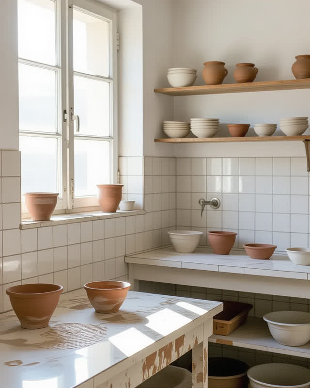 A civic ceramics washdown room after class, without sink focus, empty of people, with no readable class signs, pottery s
